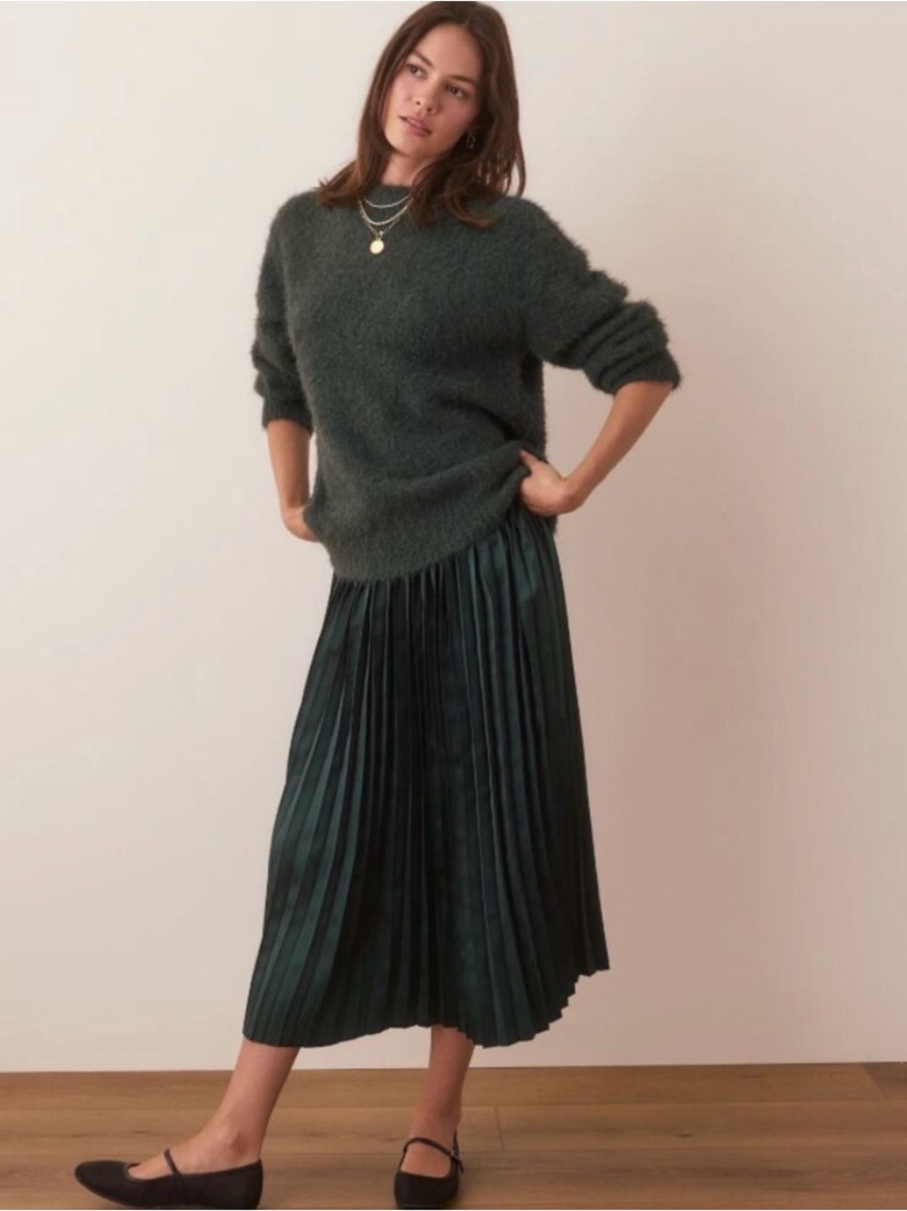 Marine Layer Green Pleated Satin Maxi Skirt Size XL - Picture 1 of 5